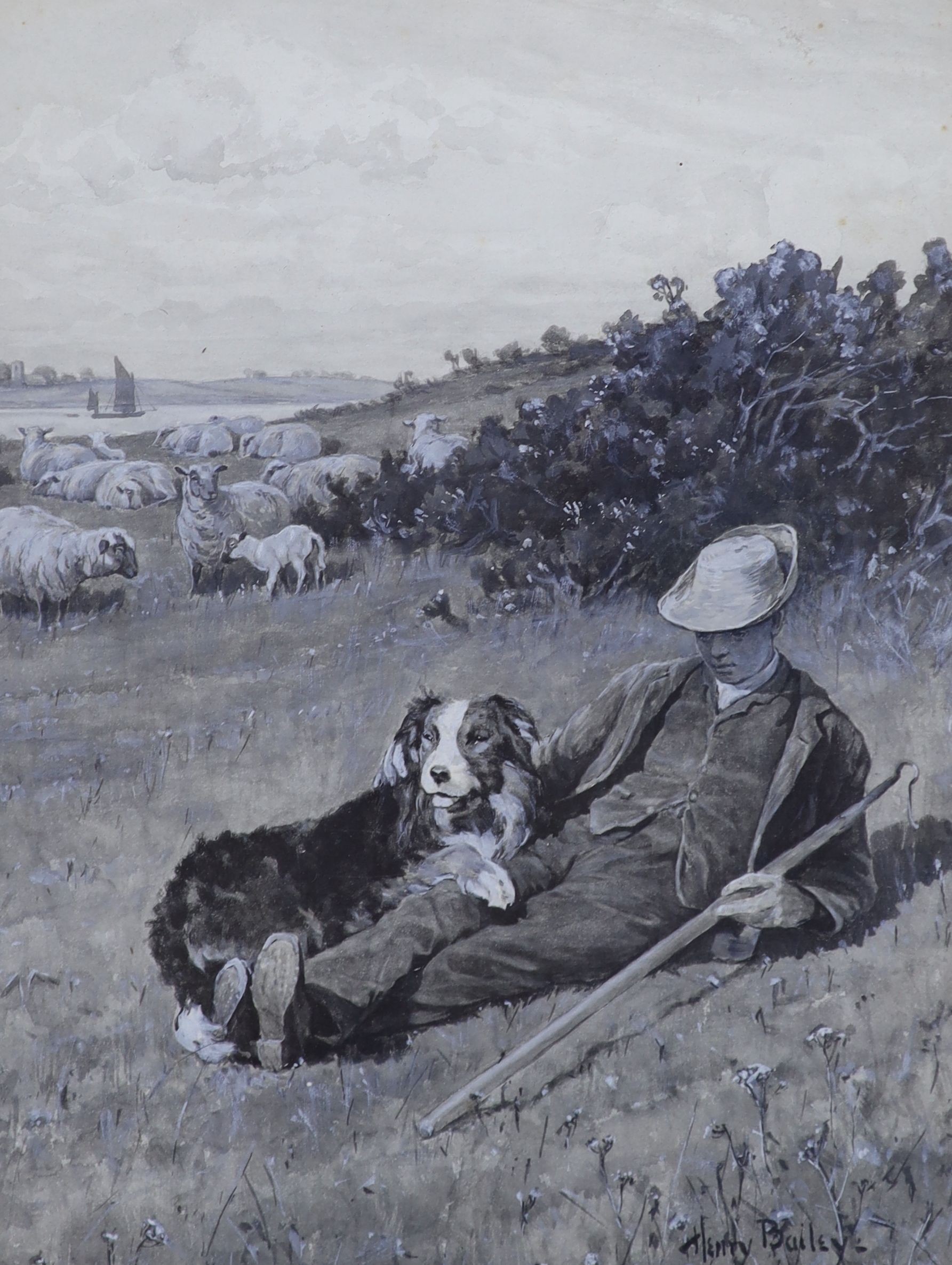 Henry Bailey (1848-1933), watercolour en grisaille, Shepherd boy, dog and flock, signed, 29 x 23cm and an ink and wash sketch of watercarriers at rest, 17 x 25cm